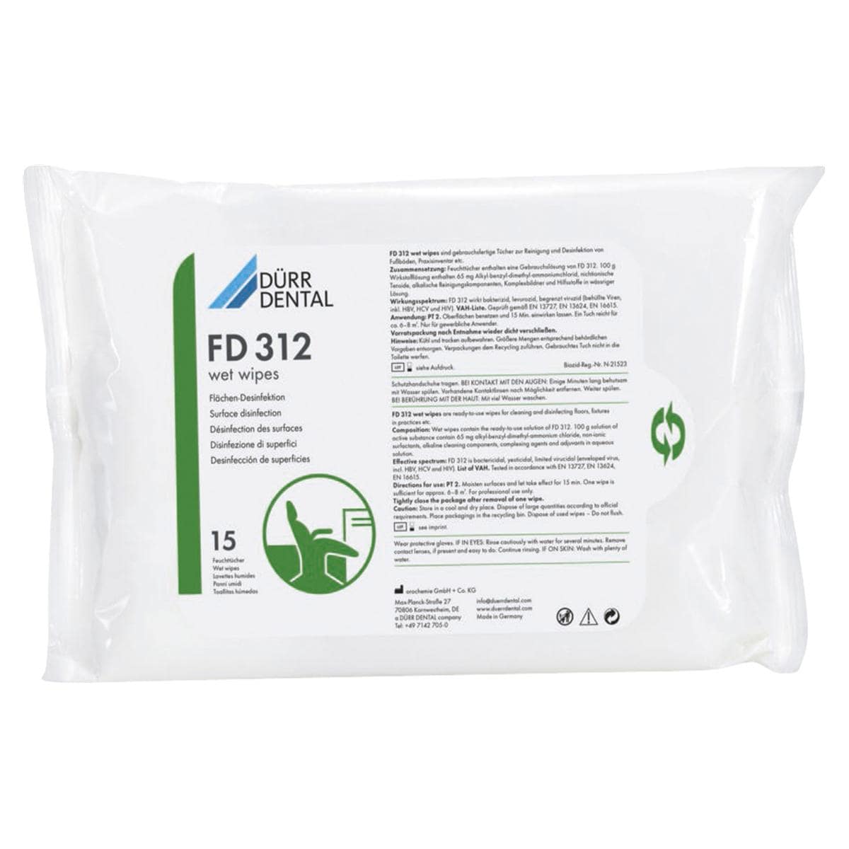 FD 312 wet wipes Flächendesinfektion - Format 22 x 42 cm, Packung 15 Tücher