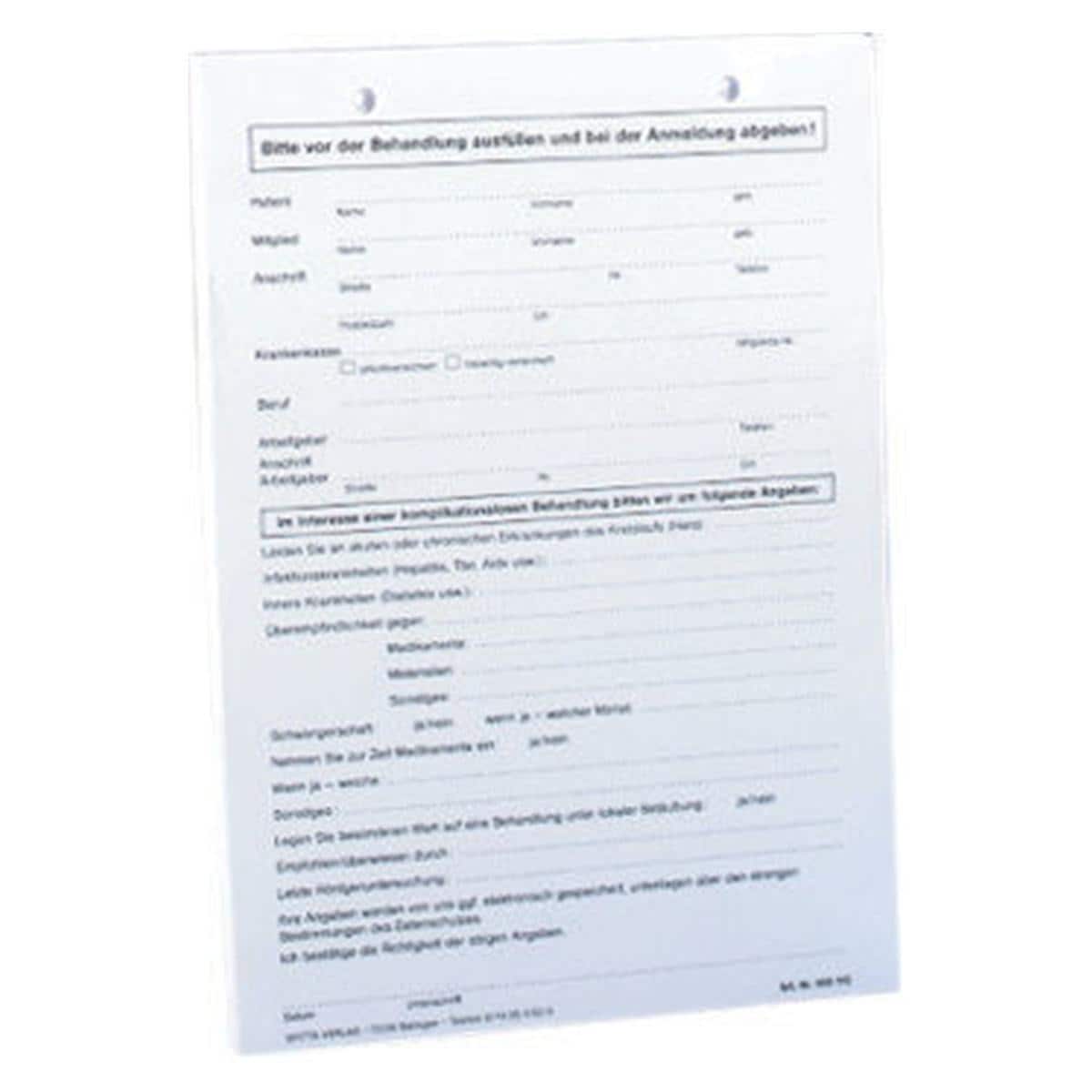 Anmeldeformular mit Anamnese DIN A5 - Weiß, Block 100 Blatt