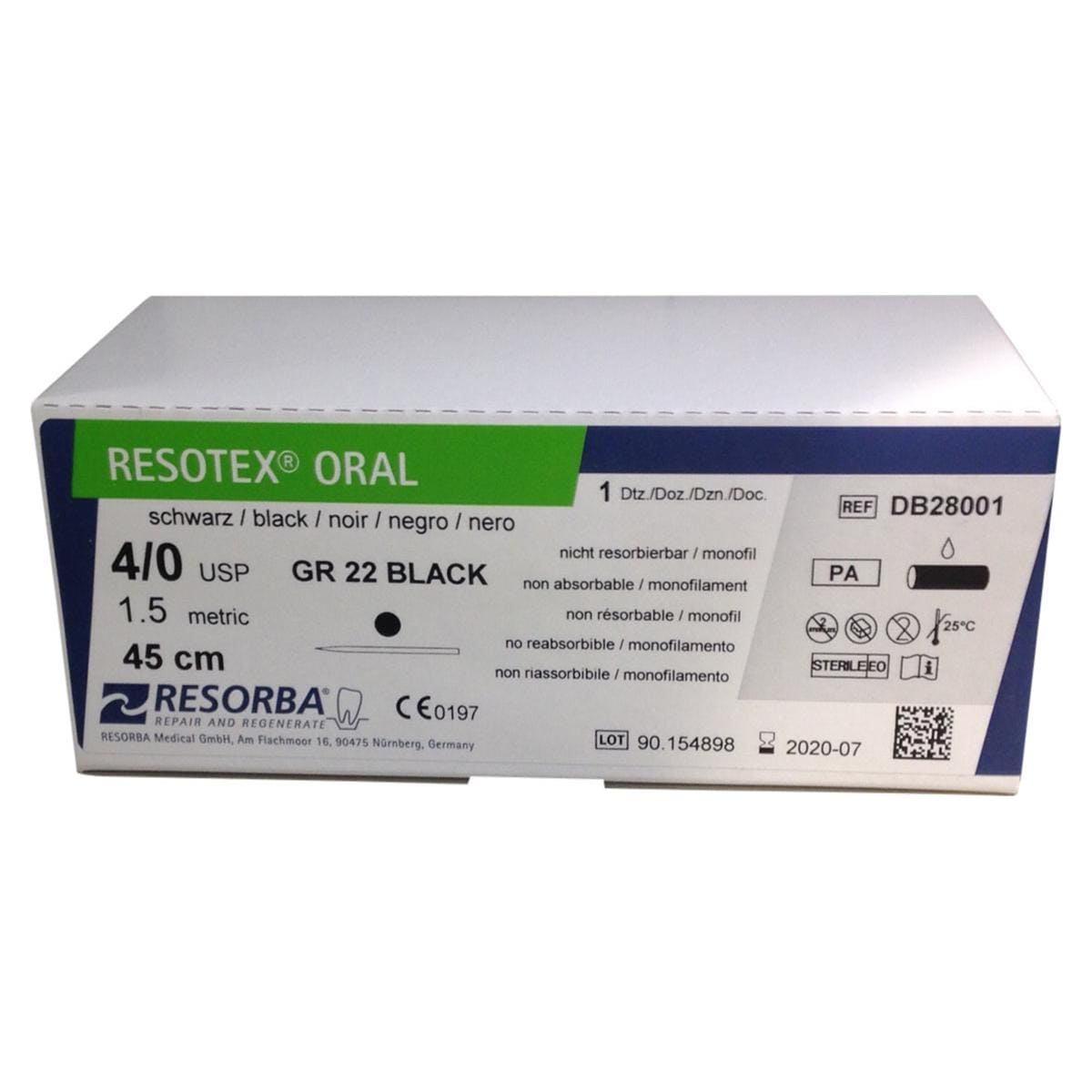Resotex® oral schwarz - Nadeltyp GR 22 - USP 4-0, Länge 0,45 m (DB28001S), Packung 12 Stück