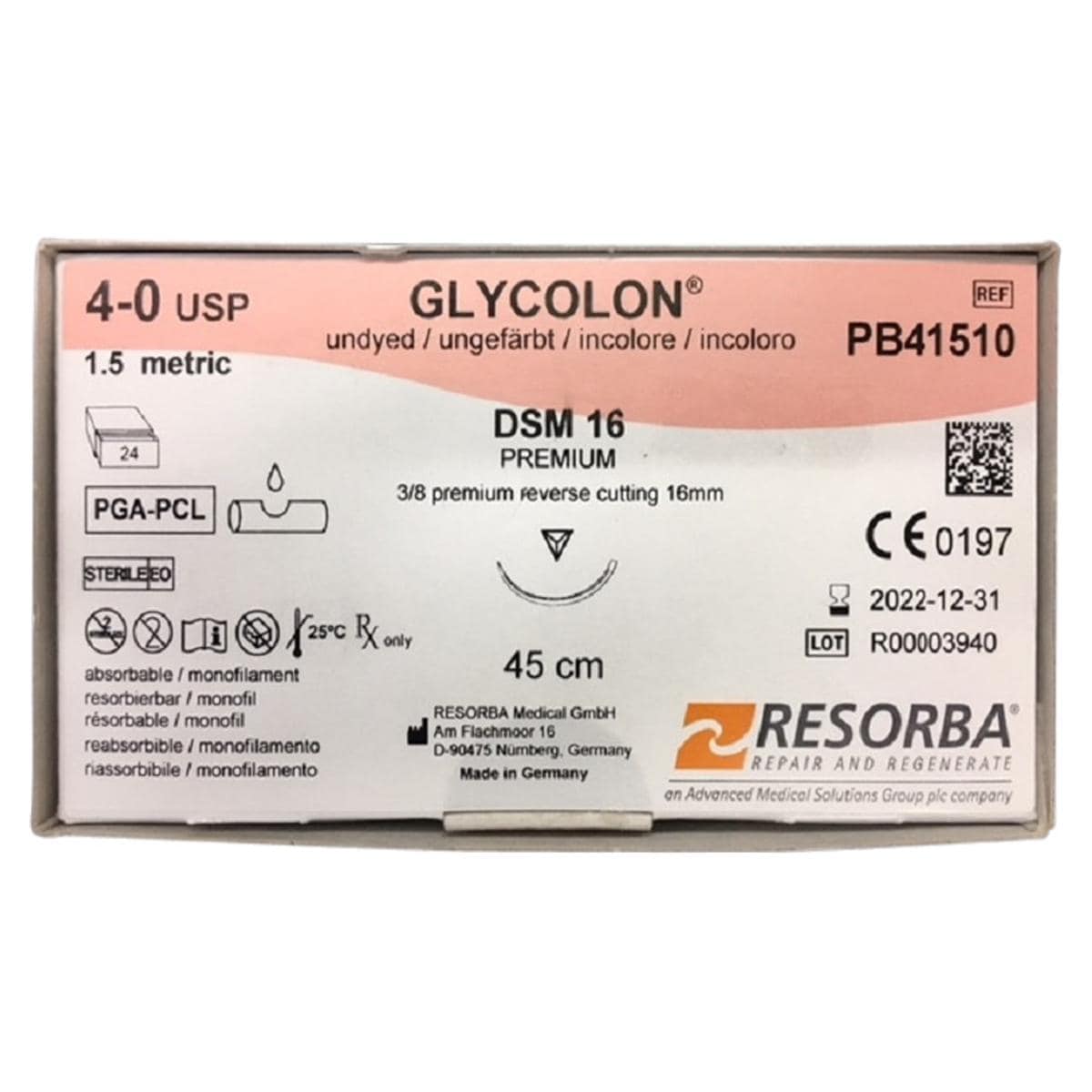 Glycolon® ungefärbt - Nadeltyp DSM 16 - USP 4-0, Länge 0,45 m (PB41510), Packung 24 Stück