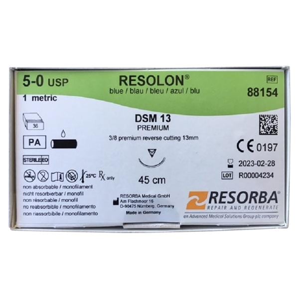 RESOLON® blau monofil - Nadeltyp DSM 13 - USP 5-0, Länge 0,45 m (88154), Packung 36 Stück