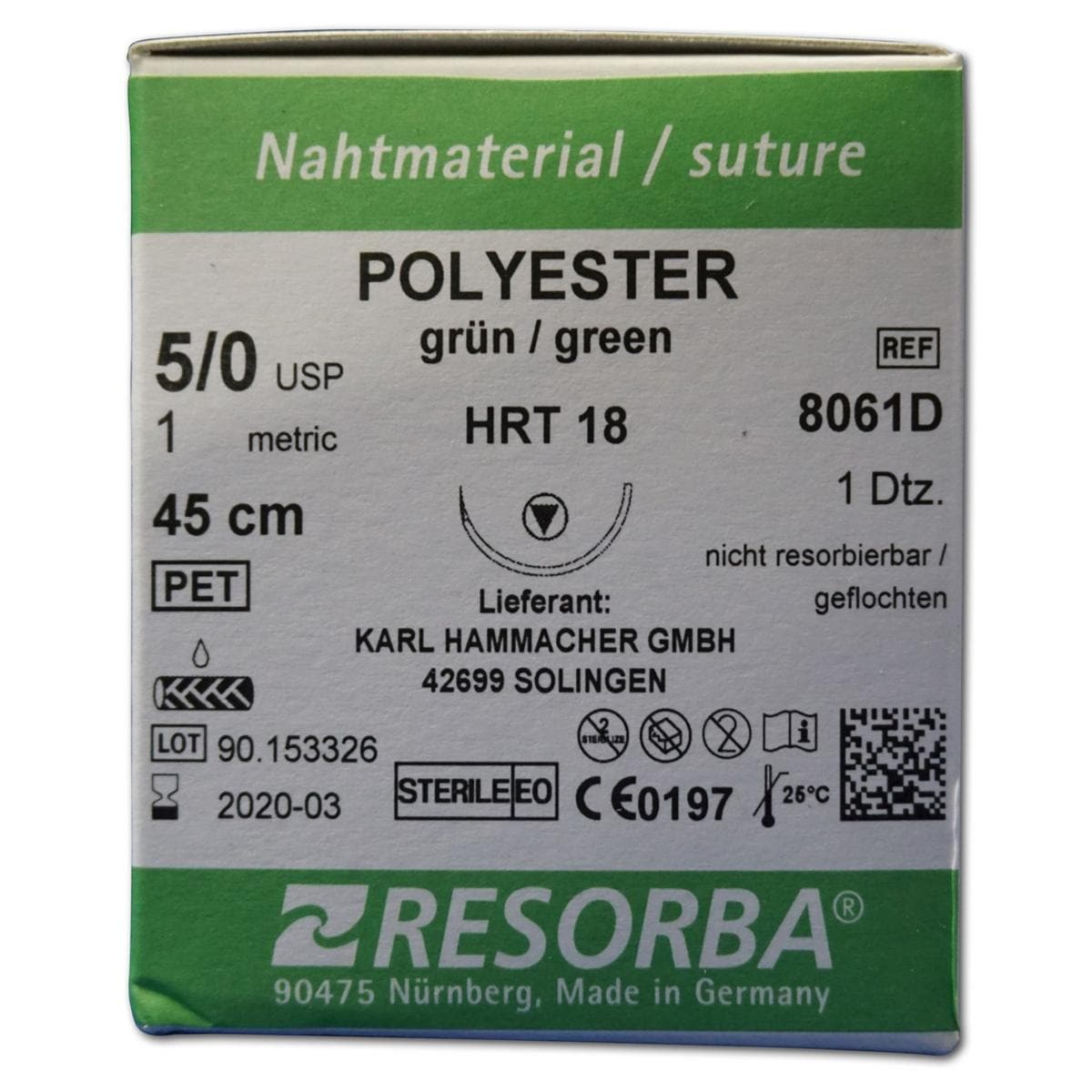 Resorba Polyester grün - Nadeltyp HRT 18 - USP 5-0, Länge 0,45 m (8061D), Packung 12 Stück