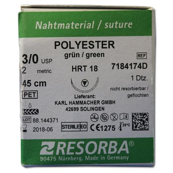 Resorba Polyester grün - Nadeltyp HRT 18 - USP 3-0, Länge 0,45 m (7184174D), Packung 12 Stück