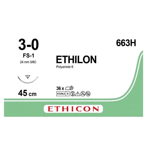 ETHILON schwarz, monofil - Nadeltyp FS1 - USP 3-0, Länge 0,45 m (663 H), Packung 36 Stück