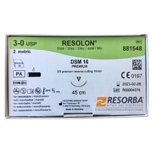 RESOLON® blau monofil - Nadeltyp DSM 16 - USP 3-0, Länge 0,45 m (881548), Packung 36 Stück