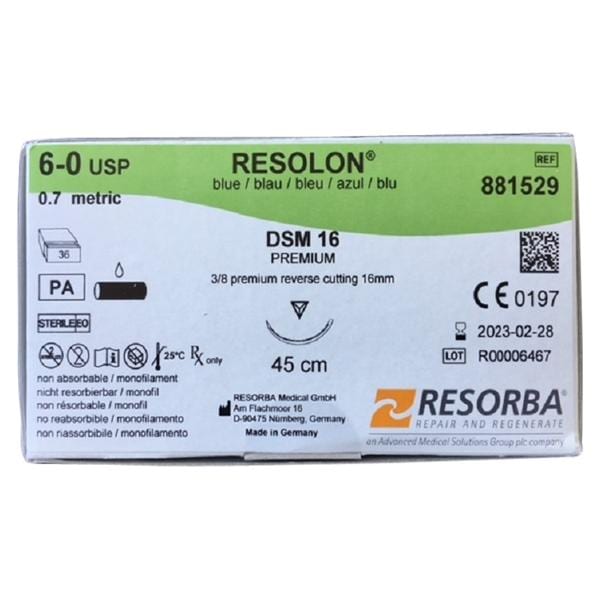 RESOLON® blau monofil - Nadeltyp DSM 16 - USP 6-0, Länge 0,45 m (881529), Packung 36 Stück