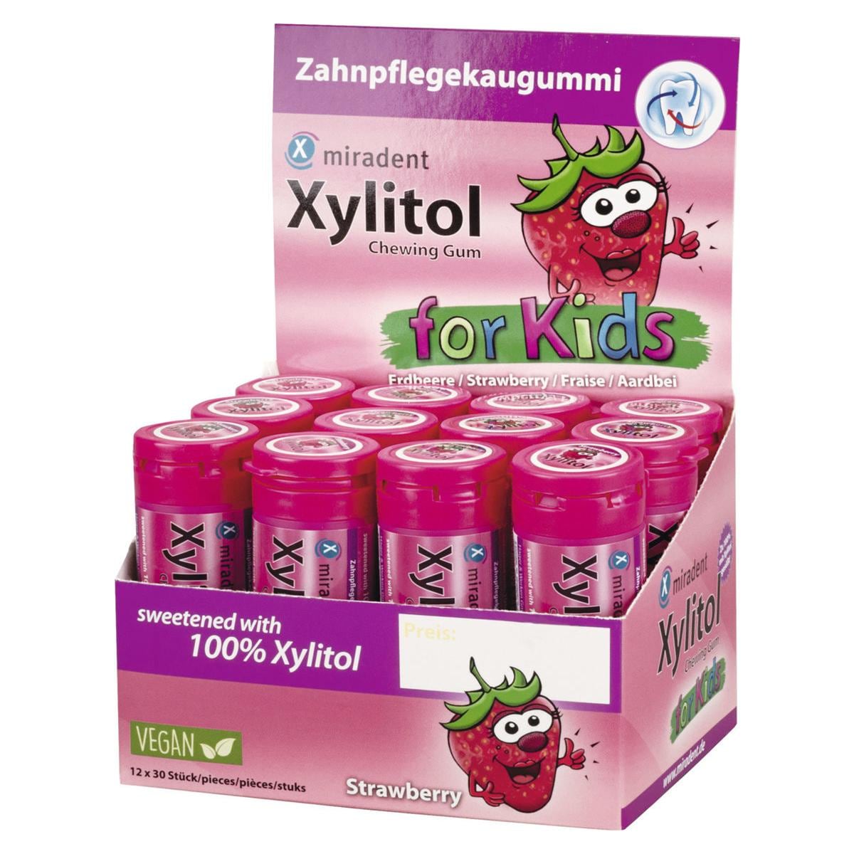 Xylitol Chewing Gum for Kids - mit Display - Erdbeergeschmack, Packung 12 Stück