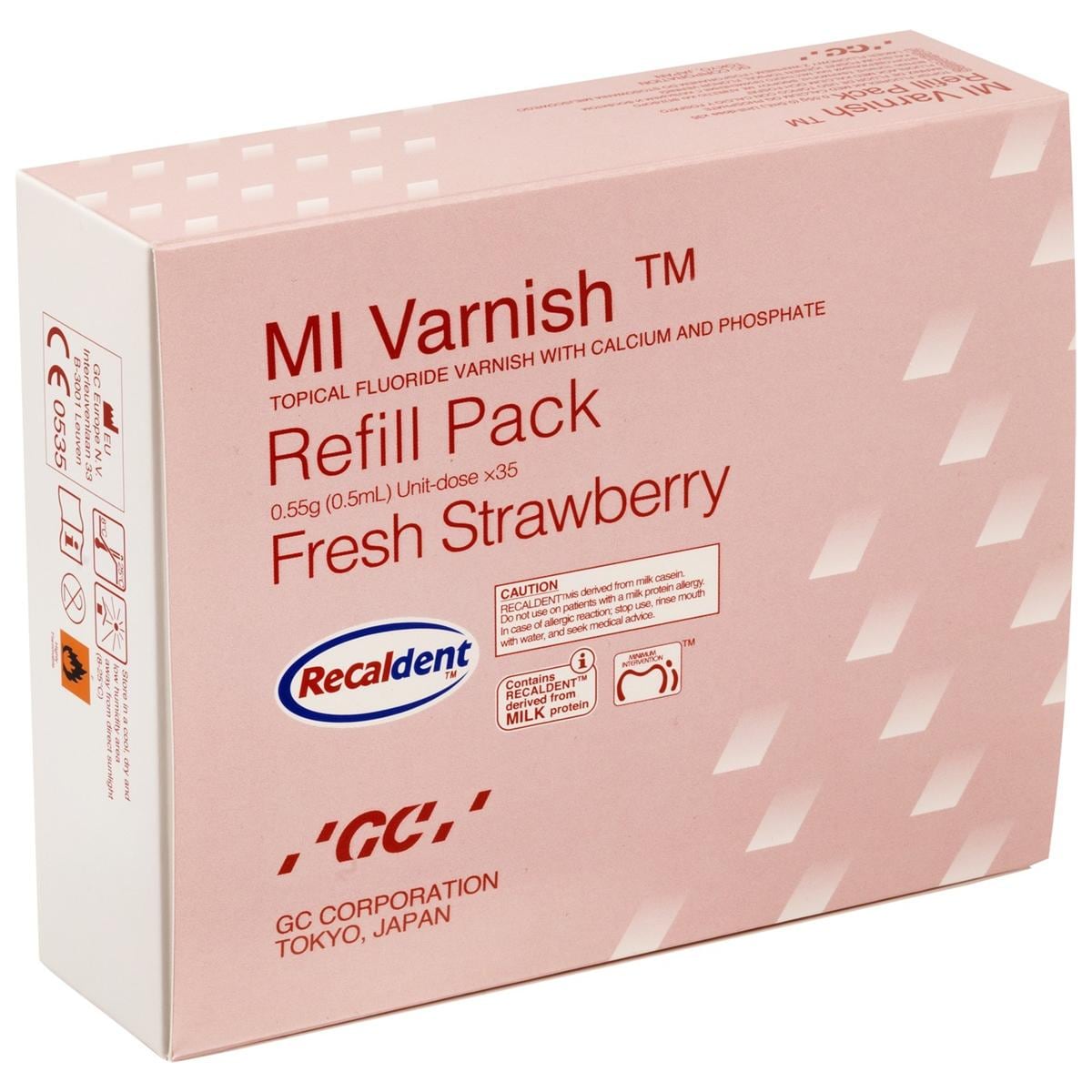 GC MI Varnish - Nachfüllpackung - Erdbeere, Packung 35 x 0,4 ml und 50 Bürsten