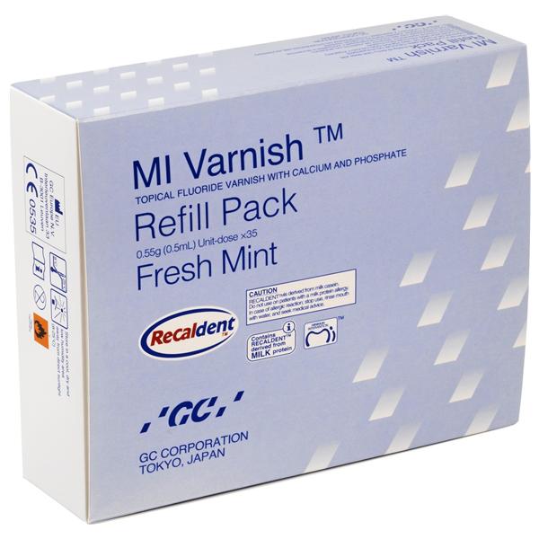 GC MI Varnish - Nachfüllpackung - Minze, Packung 35 x 0,4 ml und 50 Bürsten