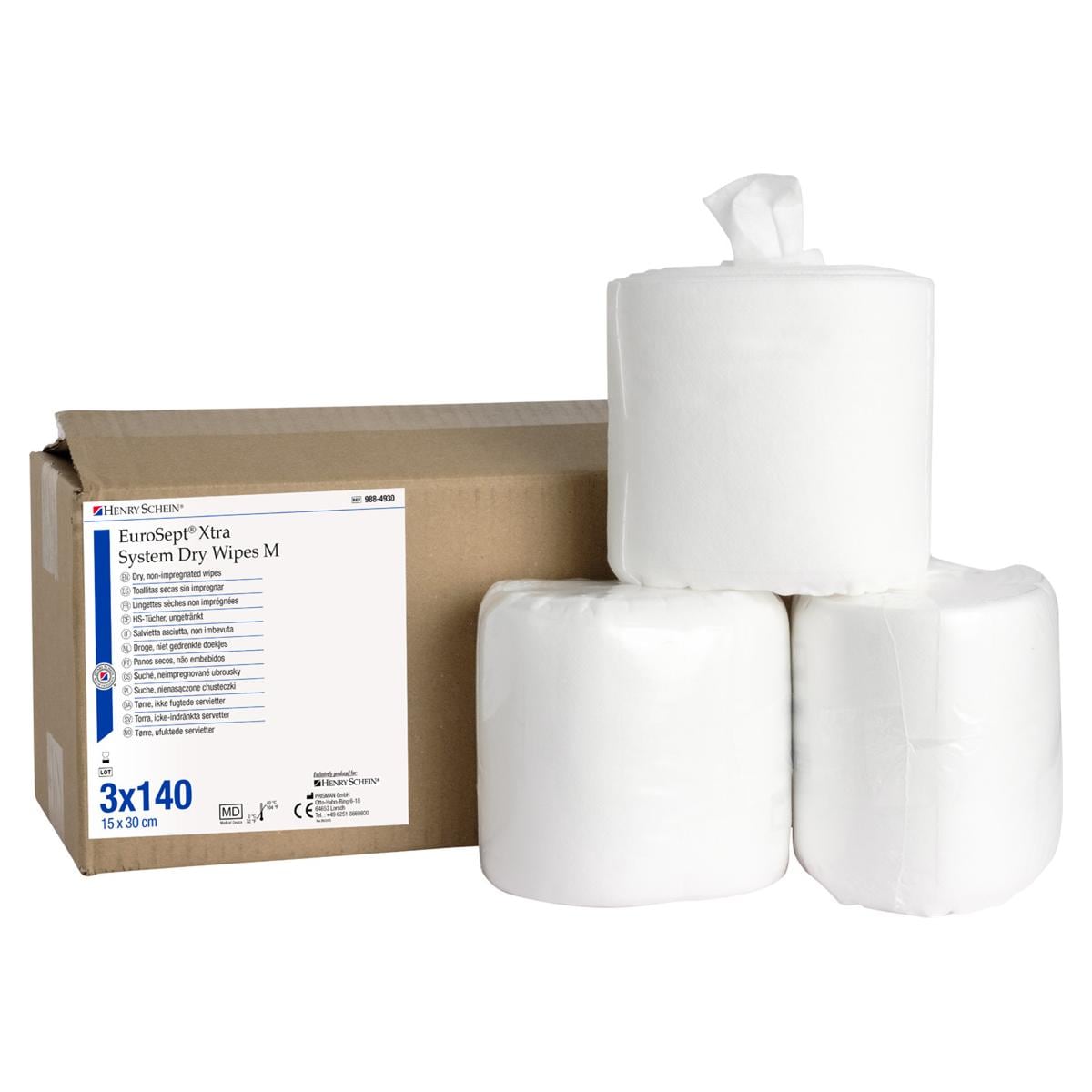 HS-Reinigungstücher (Vlies) EuroSept® Xtra, System Dry Wipes - Größe M, Format 15 x 30 cm, 3 Rollen x 140 Tücher